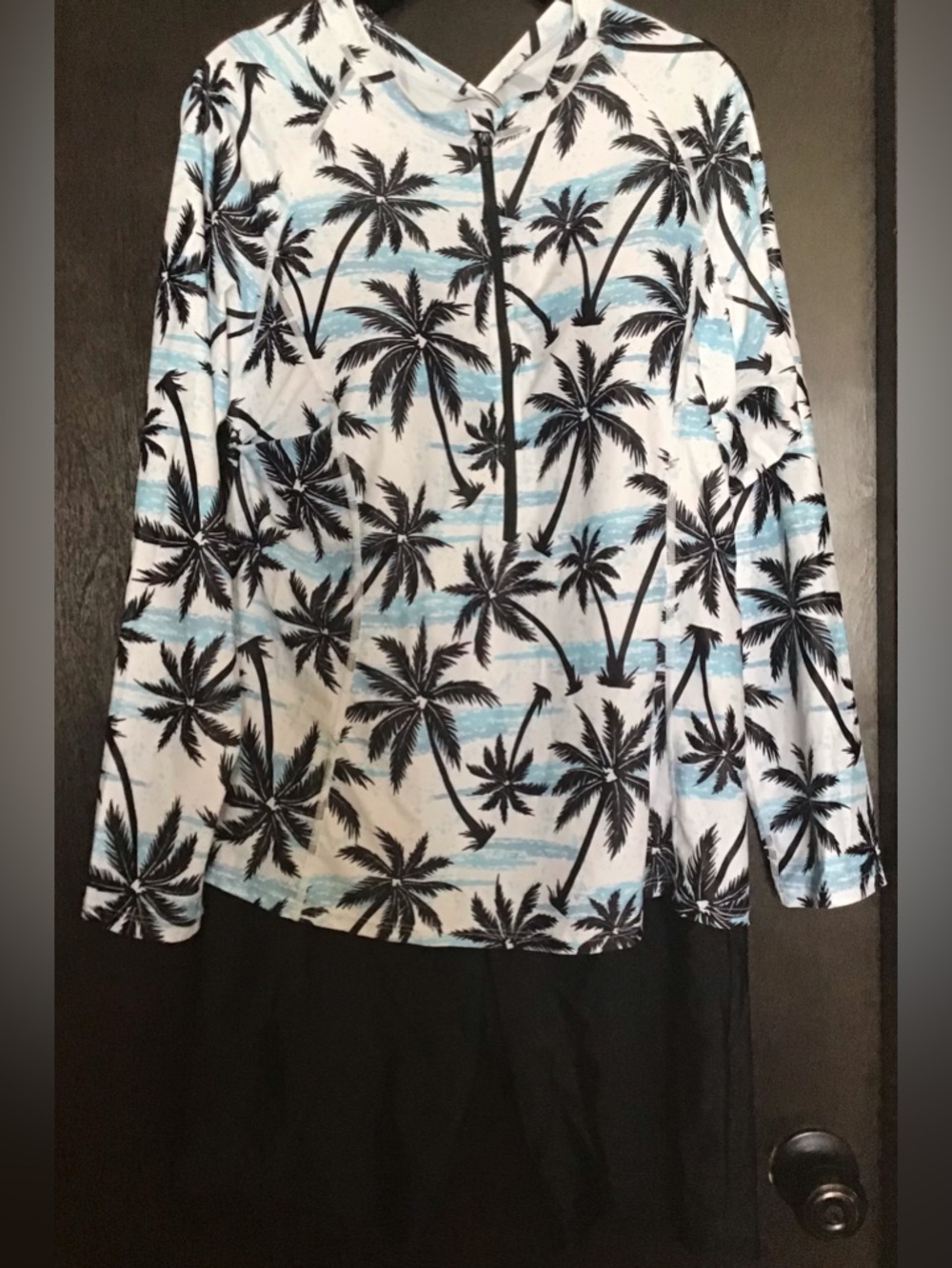 Two-Piece Rash guard Swim Suit Set in White & Blue Palm Print